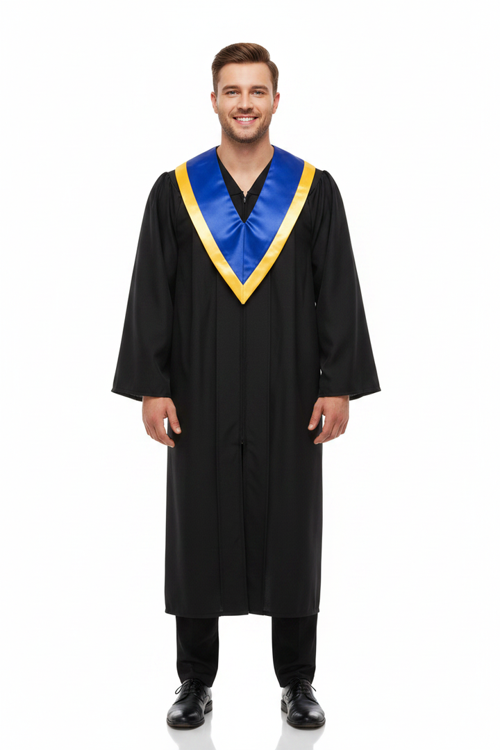 Male model wearing royal blue and gold two-tone graduation V-stole over black gown, full body front view, white background