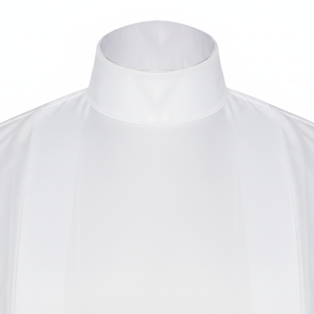 Close-up detail of white clergy alb robe stand collar and upper chest, white background