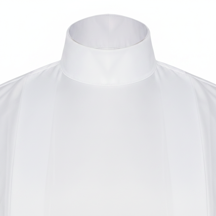 Close-up detail of white clergy alb robe stand collar and upper chest, white background