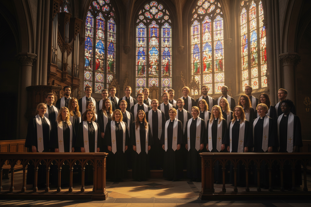 Church choir group wearing black and white clergy robes with white cross stoles in cathedral with stained glass, cinematic atmosphere