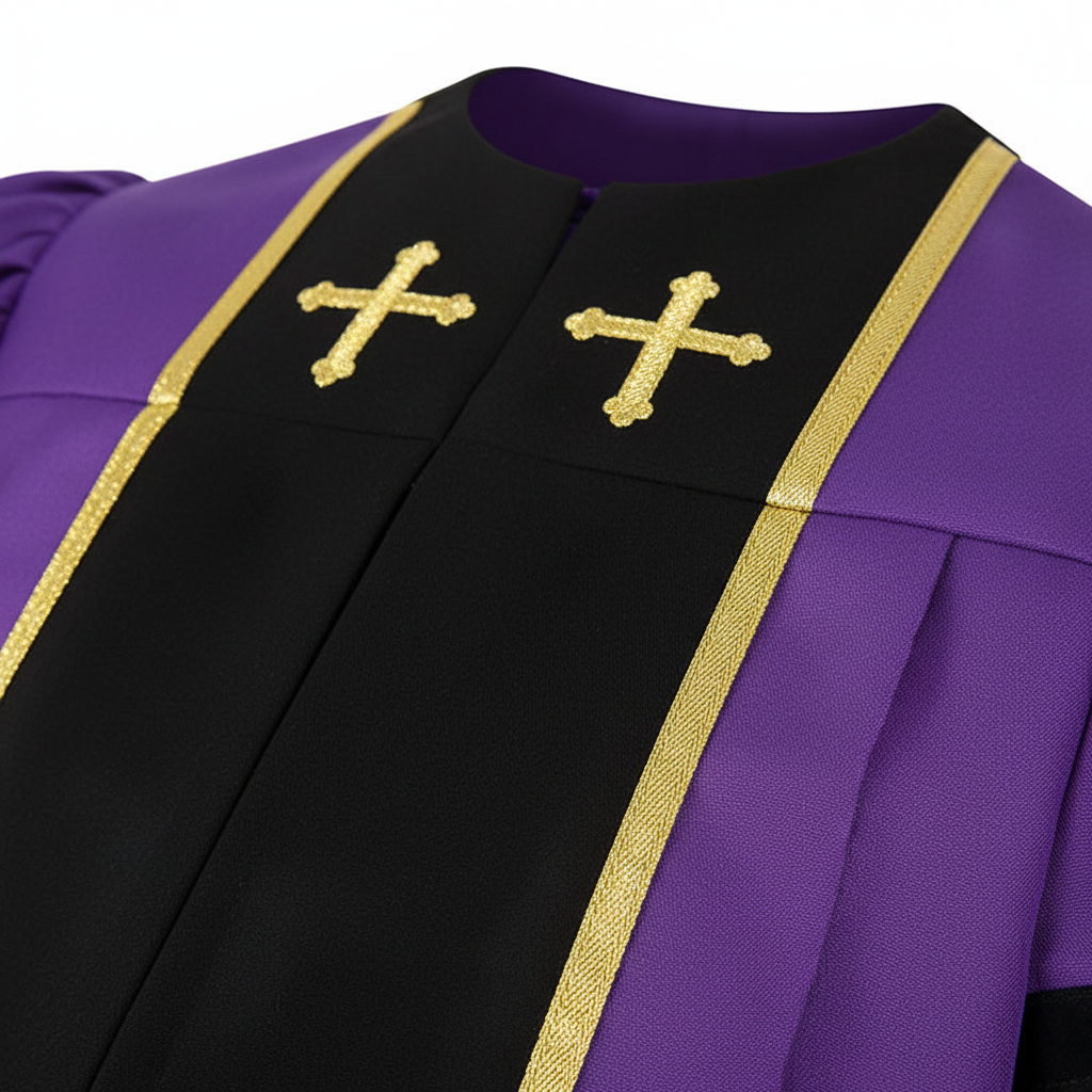 Close-up detail of purple clergy robe showing gold piping trim along black center panel edge, white background