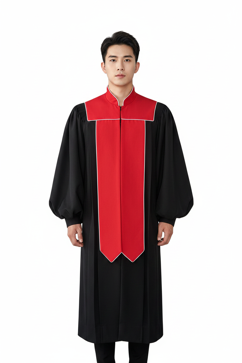 Male model wearing black choir robe with red yoke and red front stole panel, bishop sleeves, front view, white background