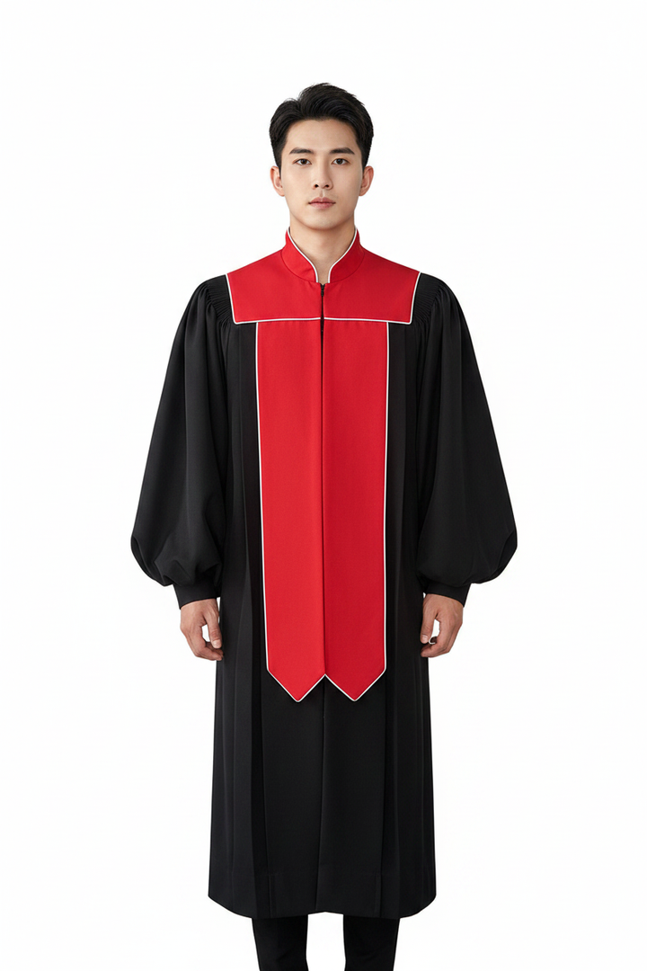 Male model wearing black choir robe with red yoke and red front stole panel, bishop sleeves, front view, white background