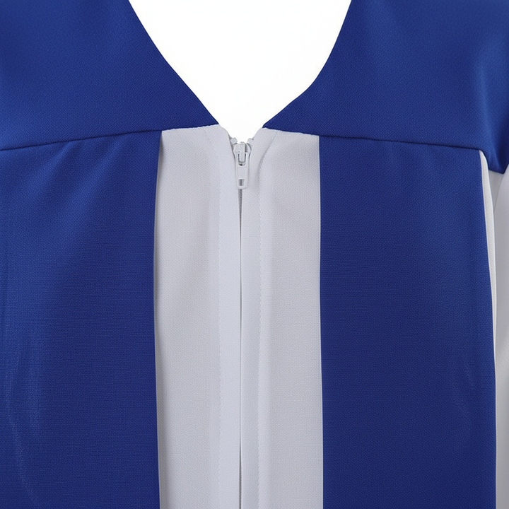 Close-up detail of white choir robe showing royal blue center V-stripe and front zipper detail, macro shot, white background