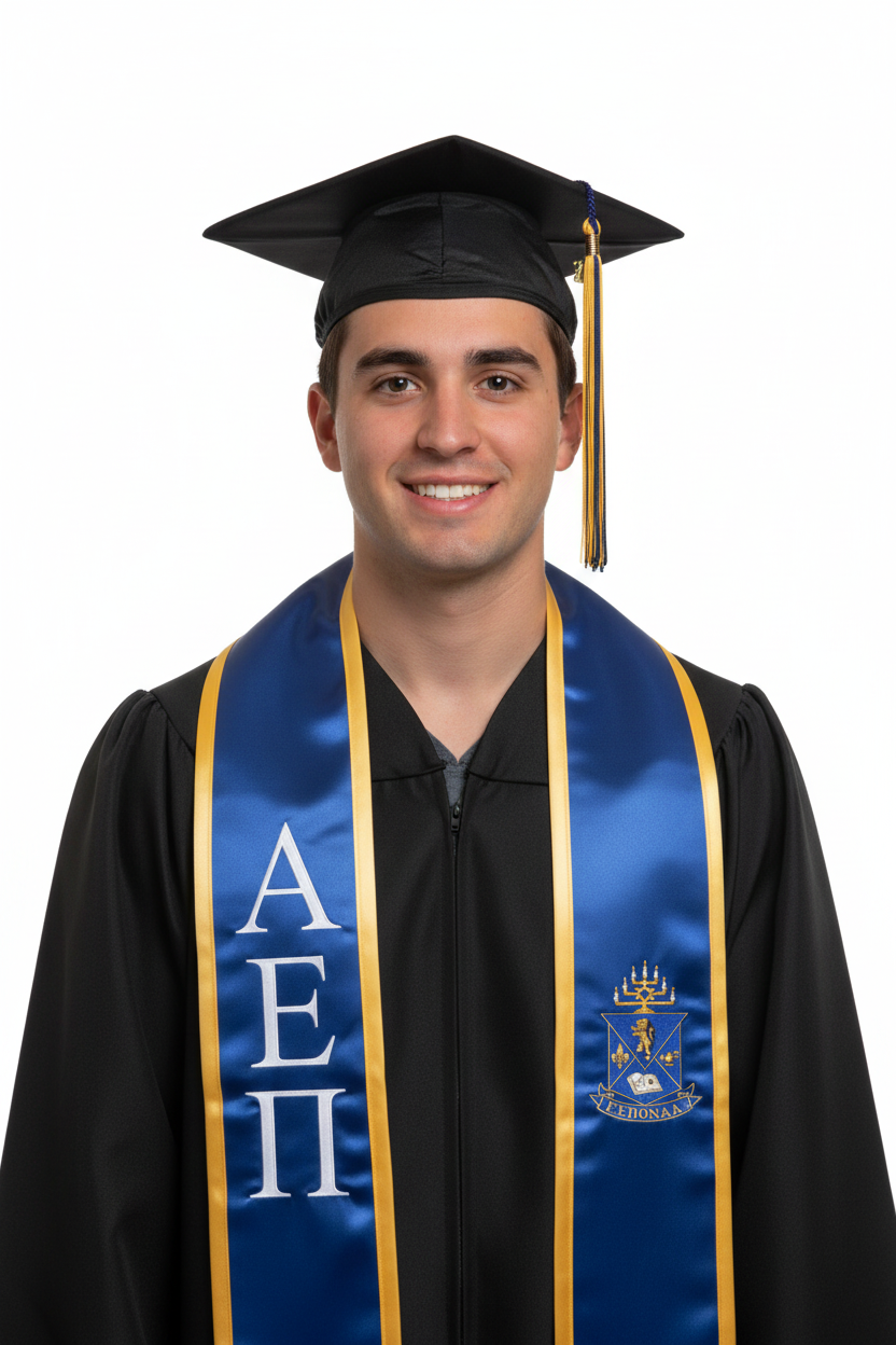 Alpha Epsilon Pi Trimmed Greek Lettered Graduation Stole w/ Crest model display