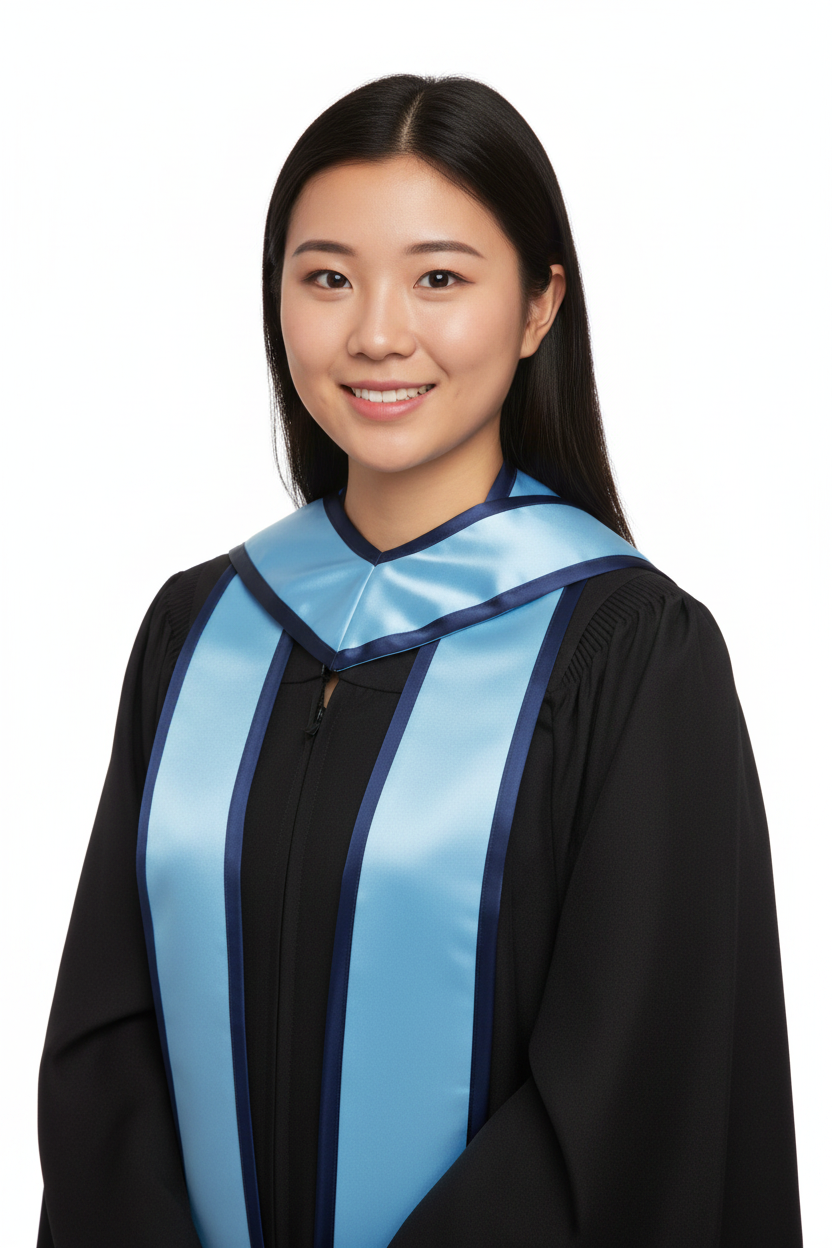 Light Blue Slanted Graduation Stole with Navy Blue Trim model display