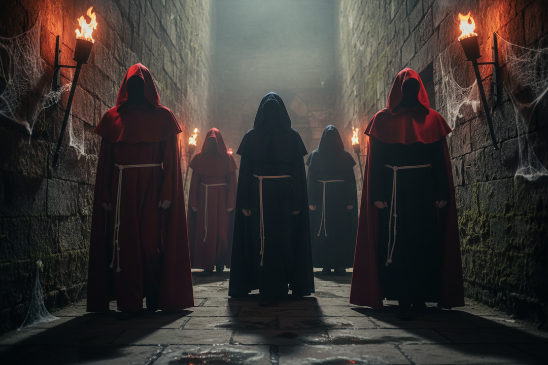 Atmospheric Halloween scene with multiple people wearing medieval monk hooded robes in wine red black and navy blue walking through stone corridor with torches