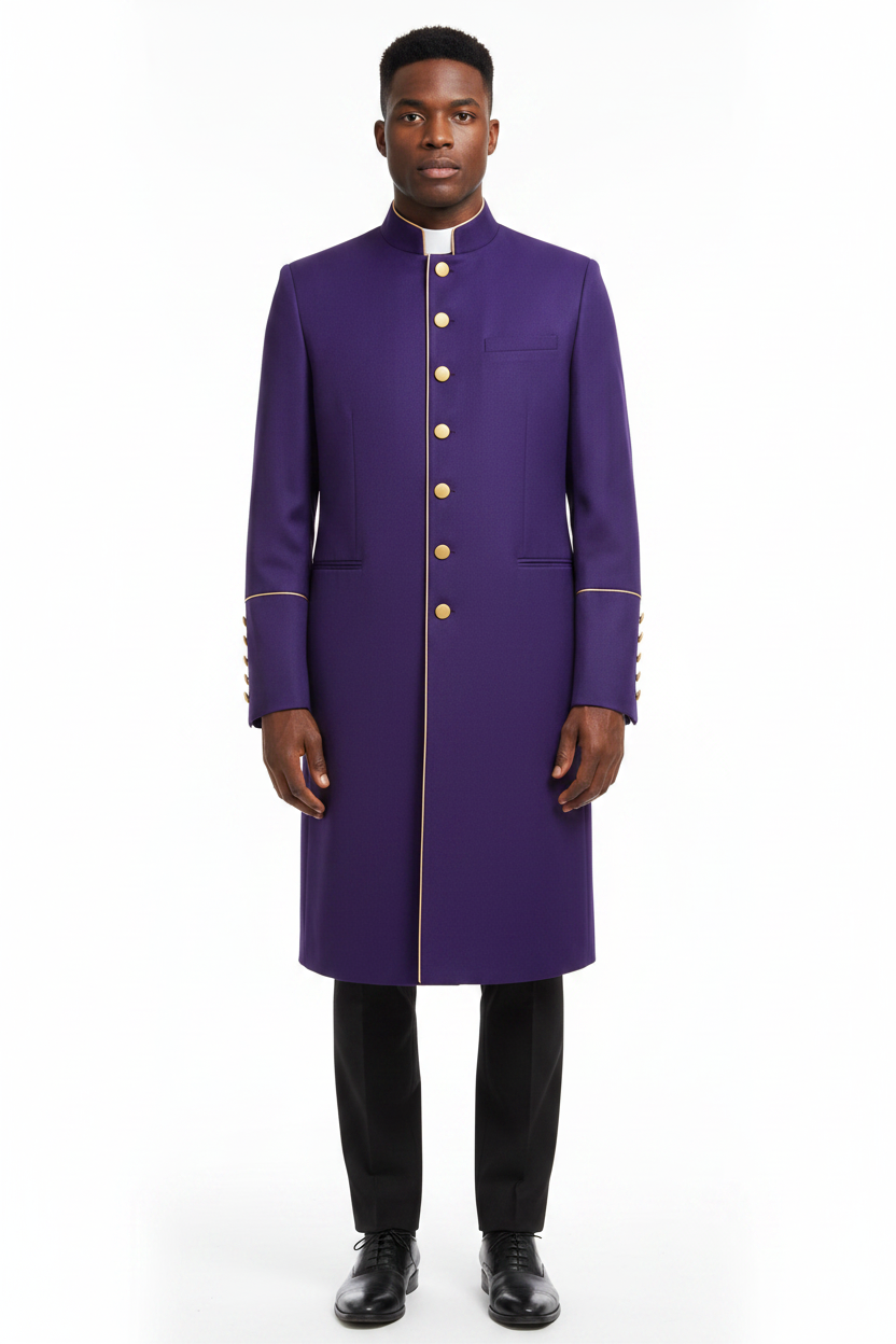 Male model wearing purple clergy frock coat with gold trim and cuff buttons, full body front view, white background