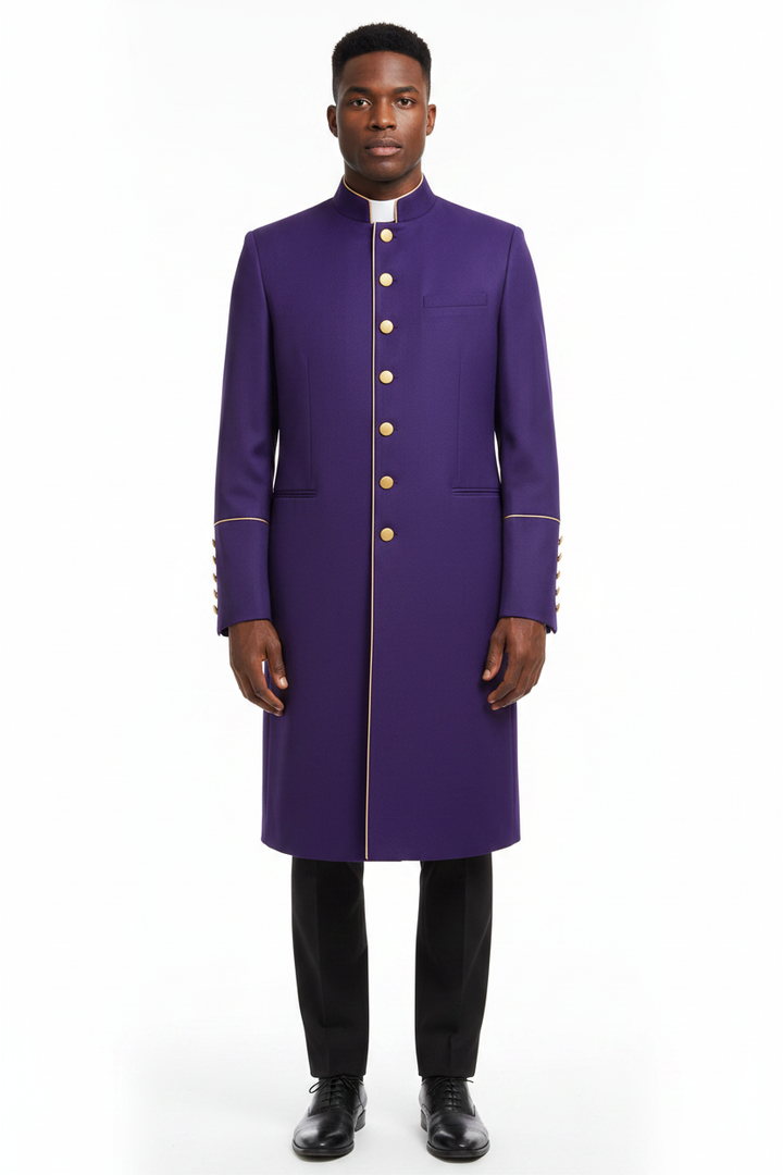 Male model wearing purple clergy frock coat with gold trim and cuff buttons, full body front view, white background