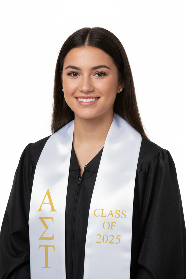 Alpha Sigma Tau Greek Lettered Stole w/ Year model display