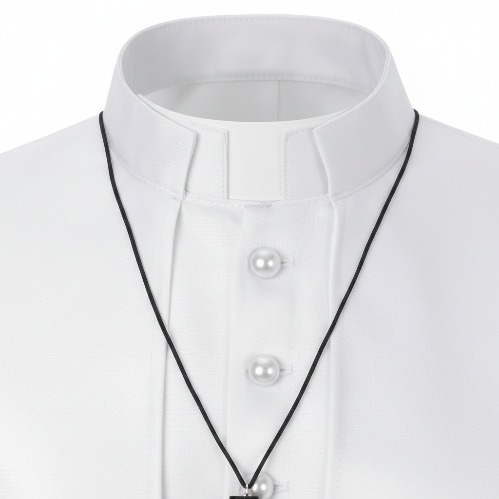 Close-up detail of clergy cassock robe showing stand collar with white clergy tab insert and top button row, white background
