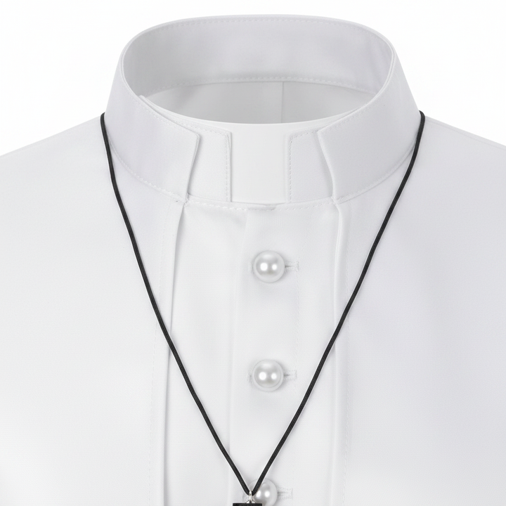Close-up detail of clergy cassock robe showing stand collar with white clergy tab insert and top button row, white background
