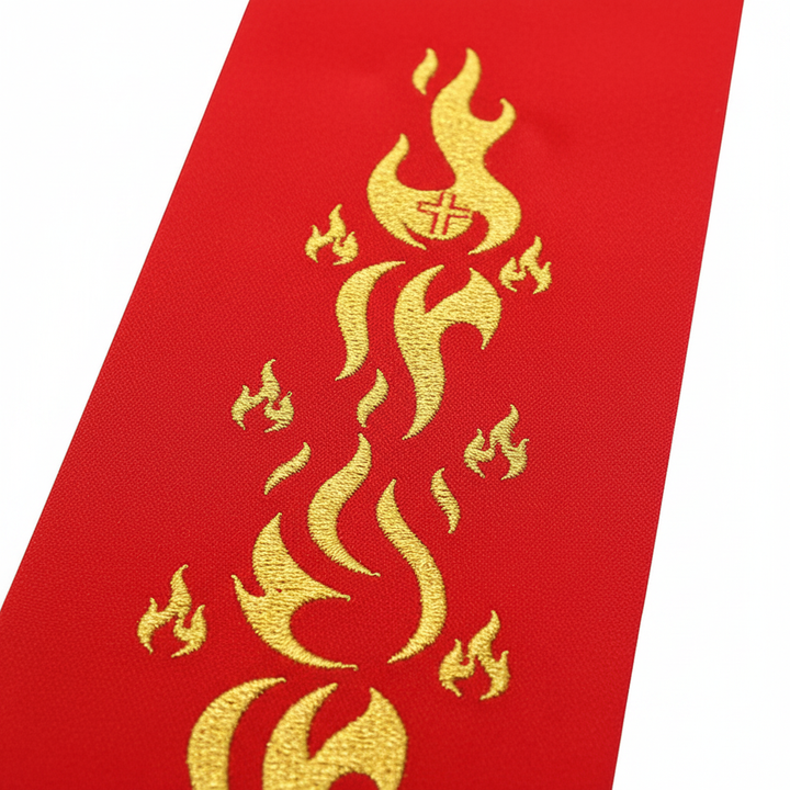 Close-up detail of red clergy stole panel showing cascading gold flame embroidery pattern, white background