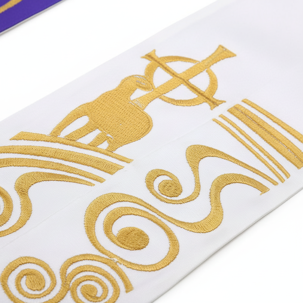 Close-up detail of white satin clergy stole showing Agnus Dei lamb with cross and gold flame scroll embroidery, white background