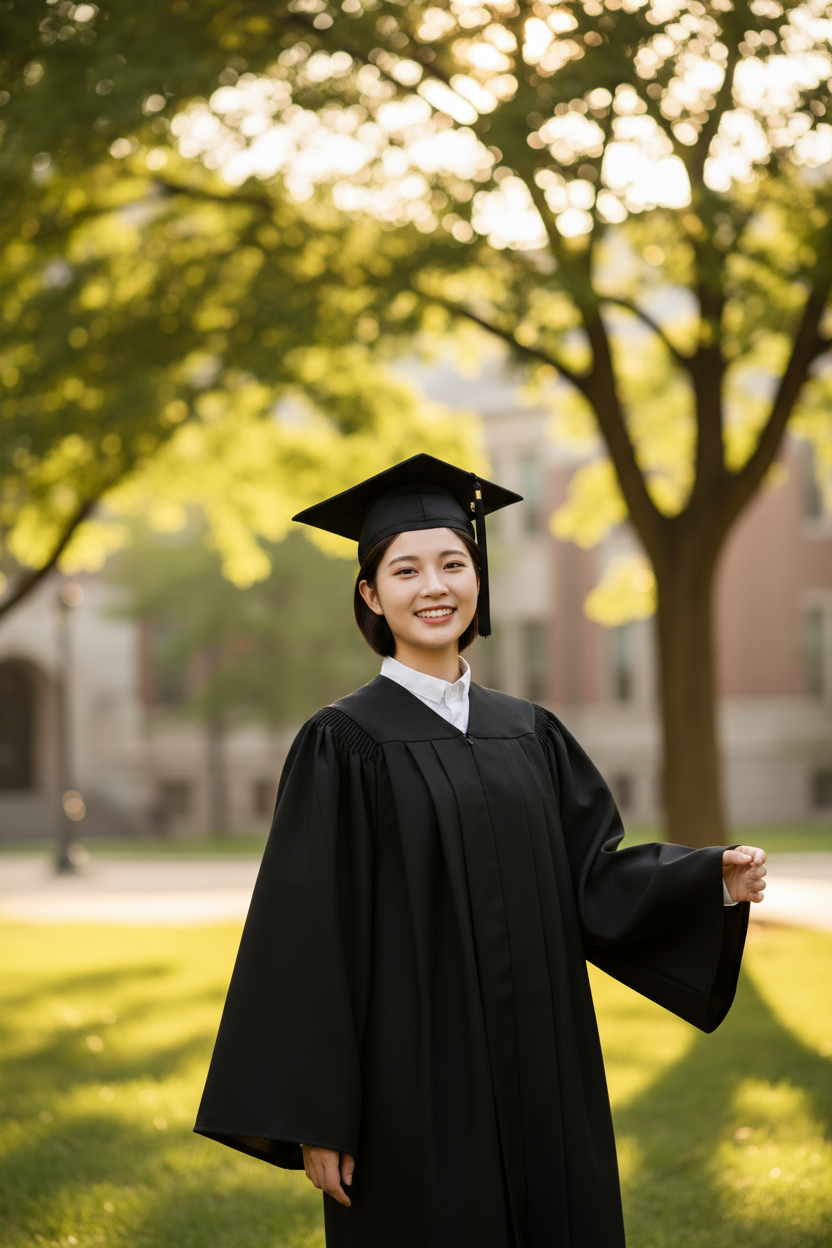 Female bachelor graduate in black gown celebrating on university campus