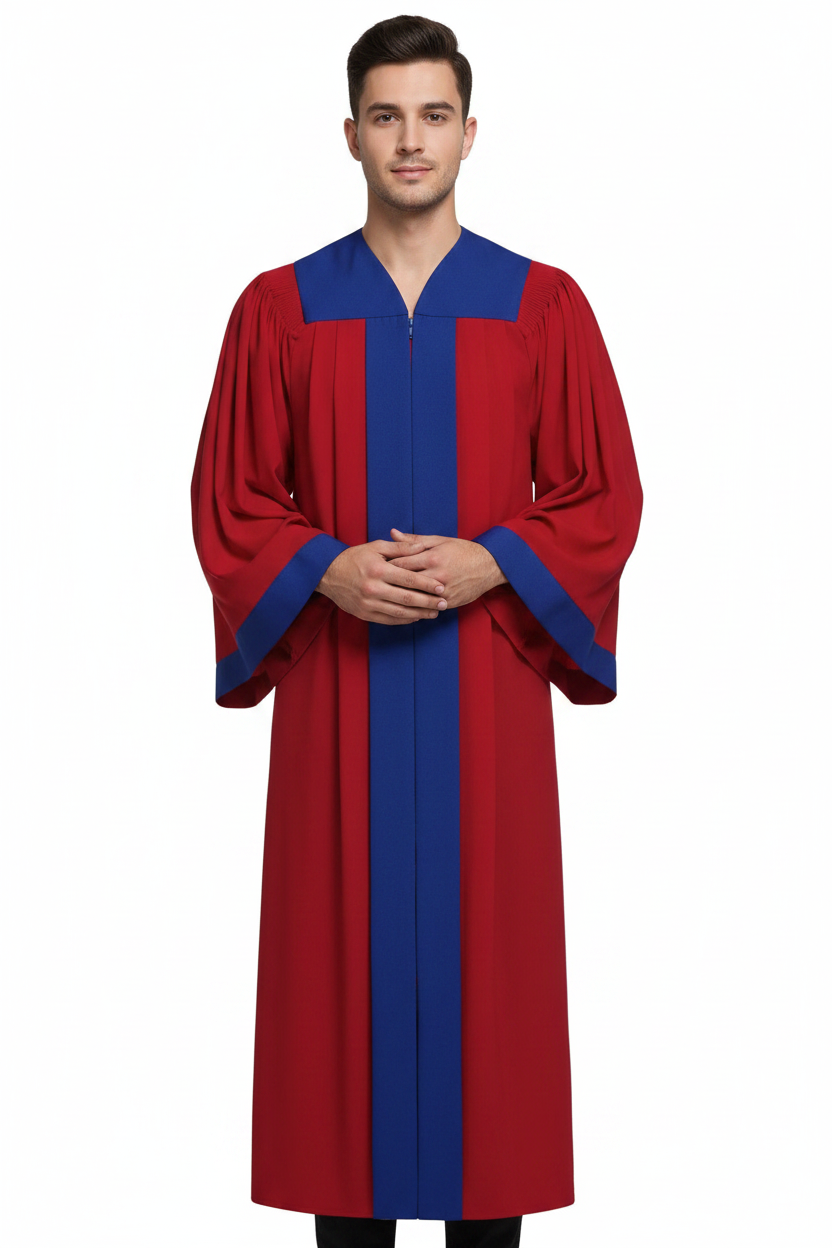 Model wearing red two-tone choir robe with royal blue contrast yoke and cuff trim, white background