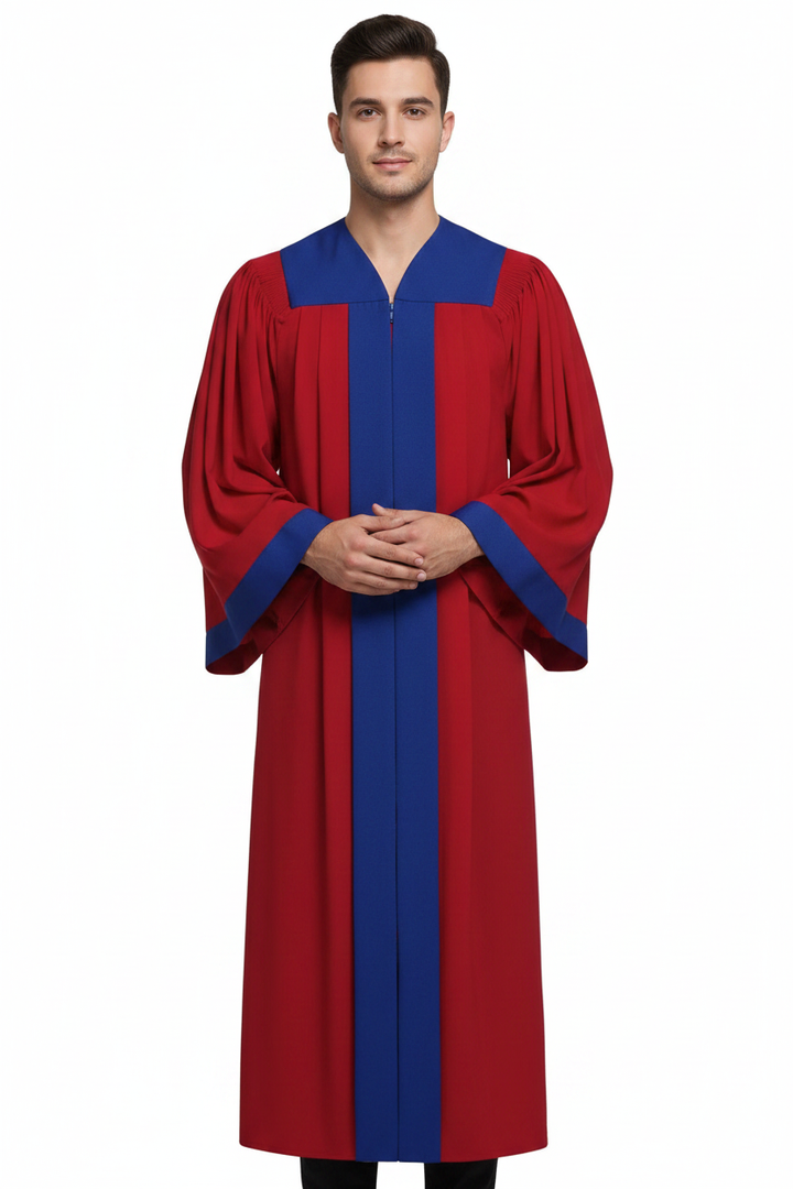 Model wearing red two-tone choir robe with royal blue contrast yoke and cuff trim, white background