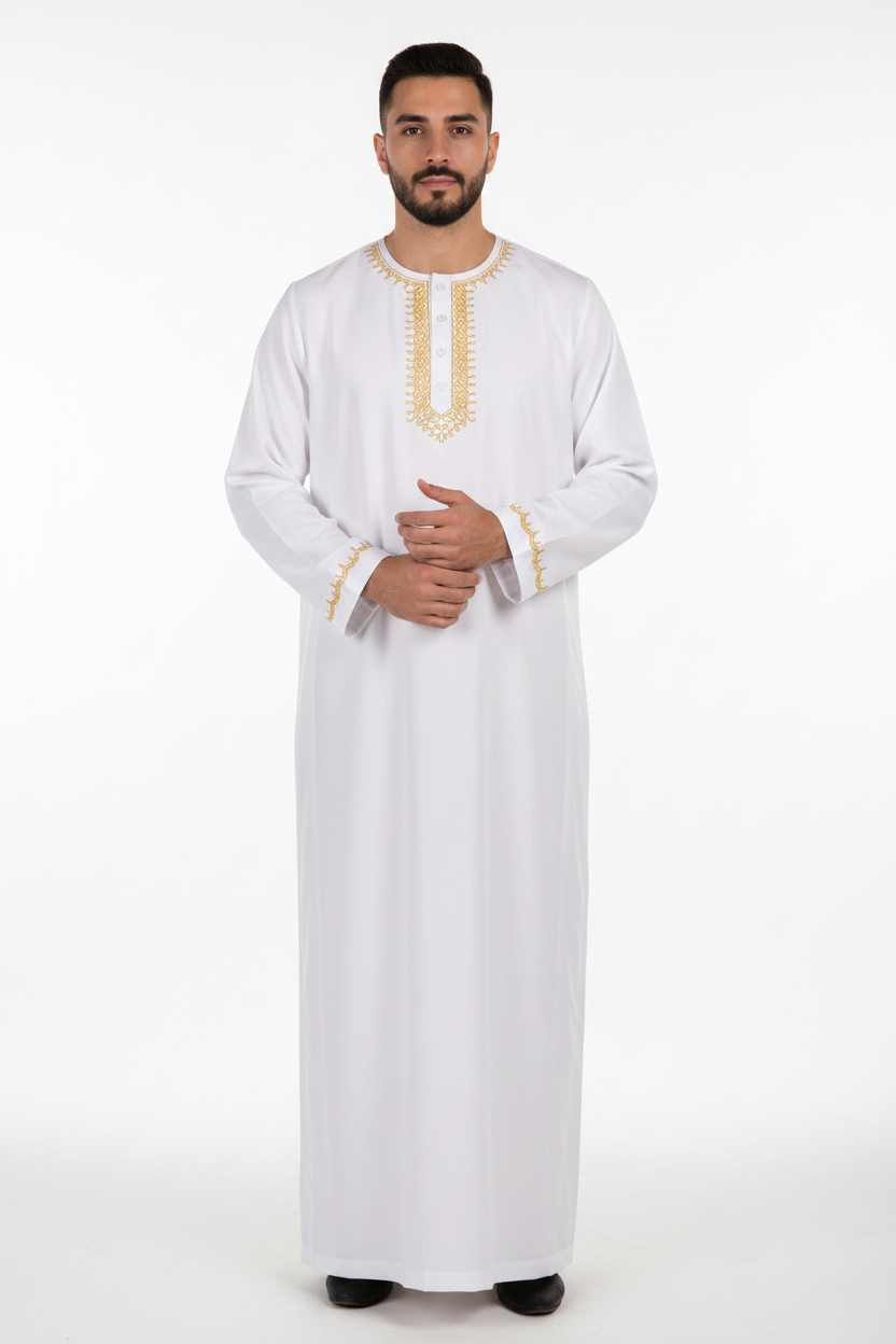 Male model wearing white Islamic thobe jubba with gold U-shape neckline embroidery and button placket, full body front view, white background