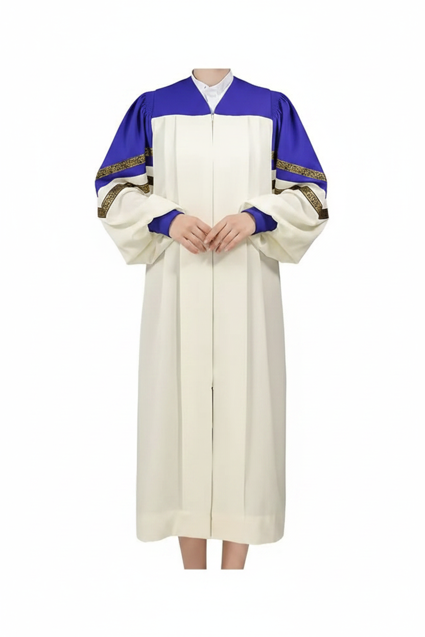 Female model wearing ivory and royal blue choir robe with gold brocade trim sleeves and puff sleeves, full body front view, white background
