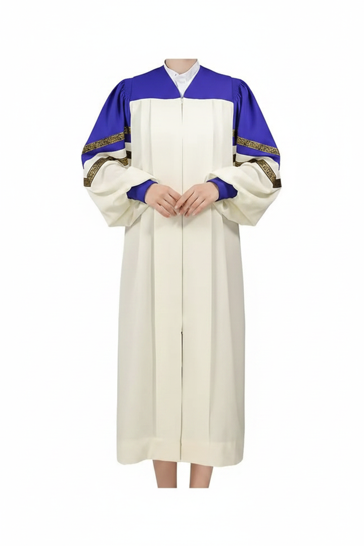 Female model wearing ivory and royal blue choir robe with gold brocade trim sleeves and puff sleeves, full body front view, white background
