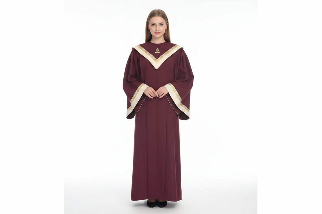 Premium V-Neck Choir Robe with Gold Trim - Burgundy