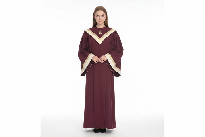Premium V-Neck Choir Robe with Gold Trim - Burgundy