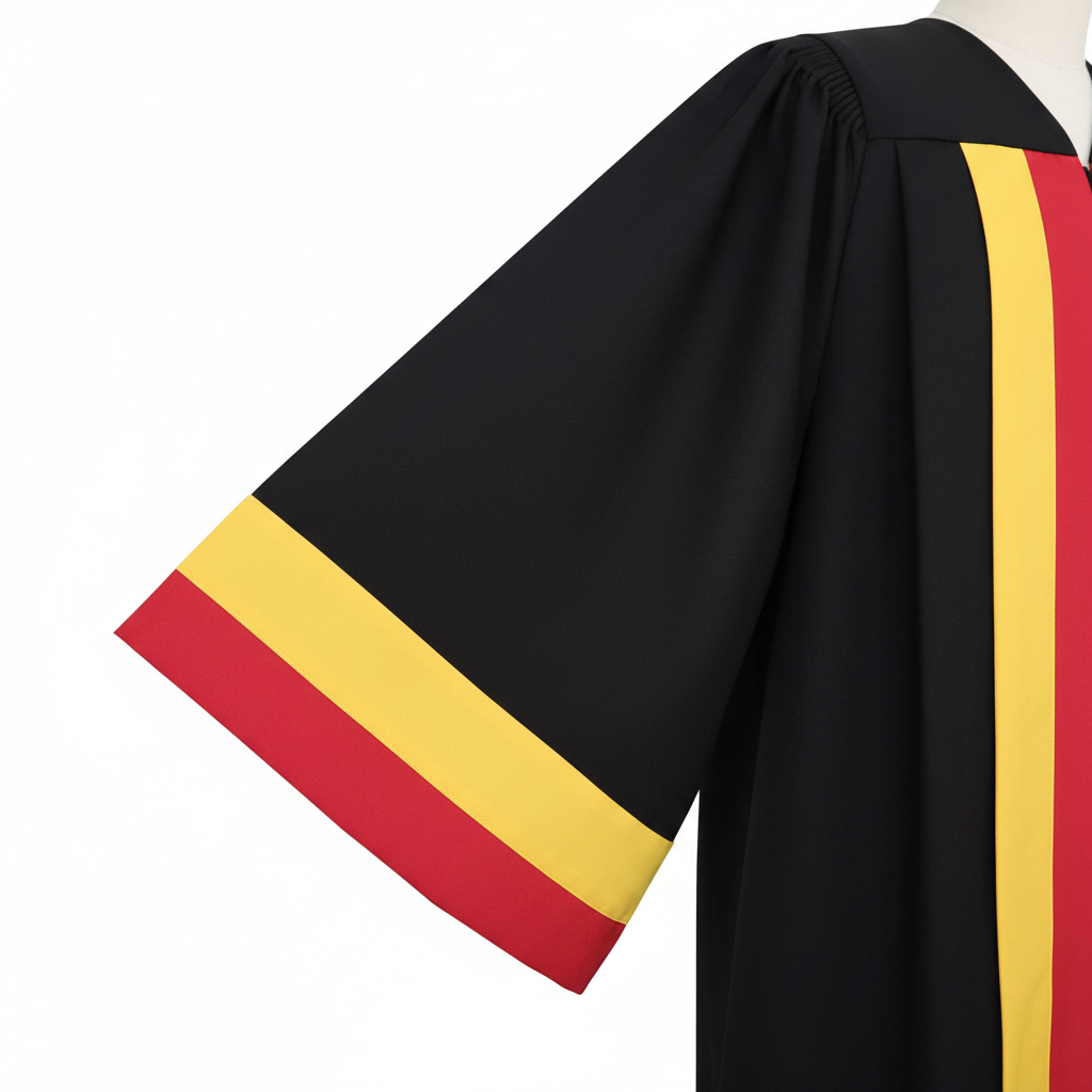 Close-up detail of black choir robe showing wide flowing sleeve with red and gold band trim at the cuff, macro shot, white background