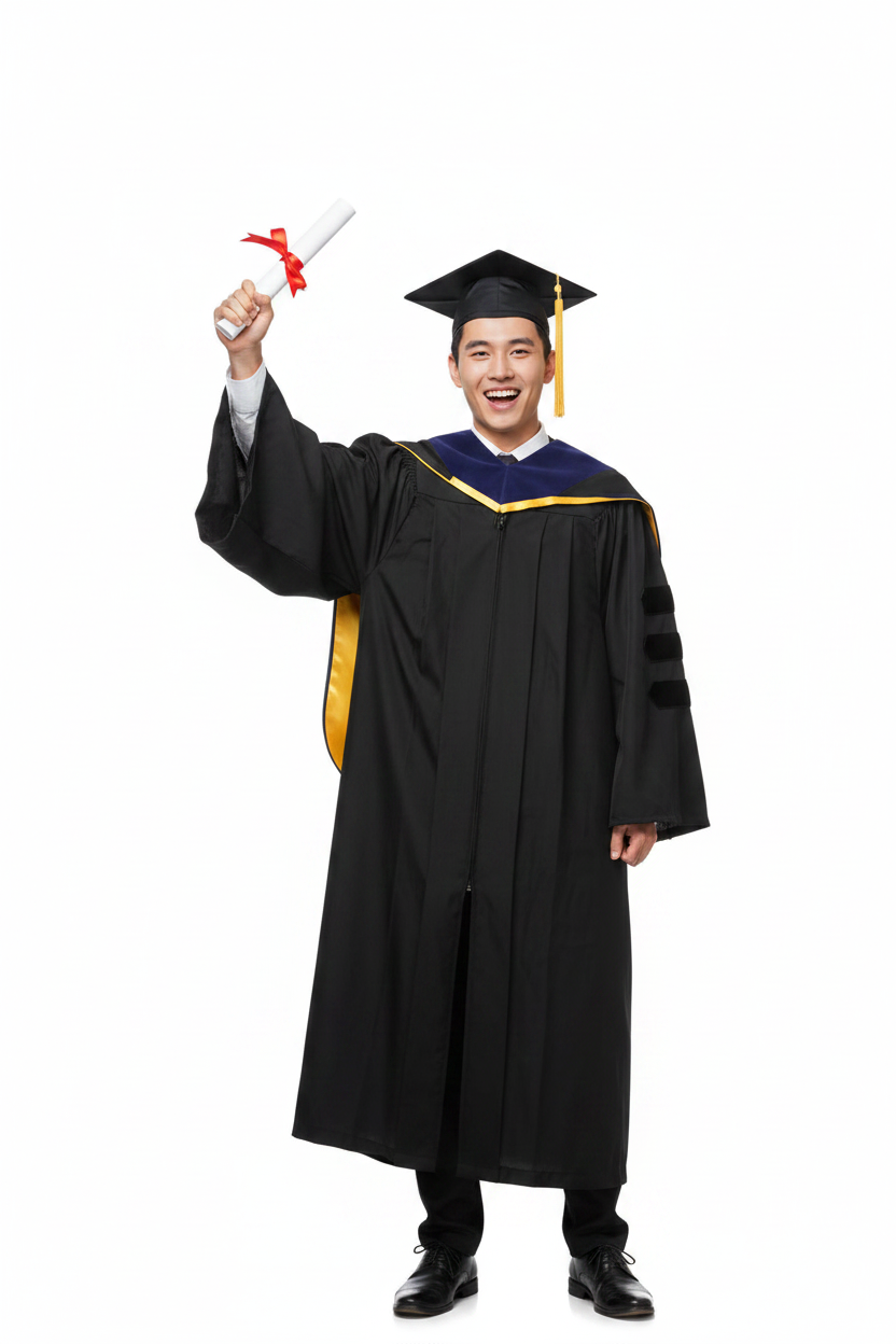 PhD Doctor Hood Dark Blue Velvet - Purple & Golden Yellow 模特展示图