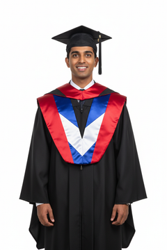 Deluxe Bachelors/Masters Hood - Scarlet Velvet, Royal Blue & White