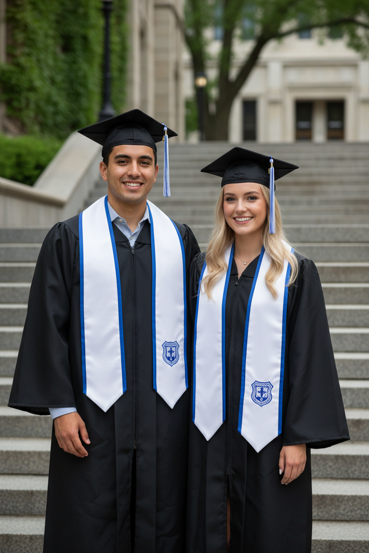 White Pointed Stole Royal Blue Trim